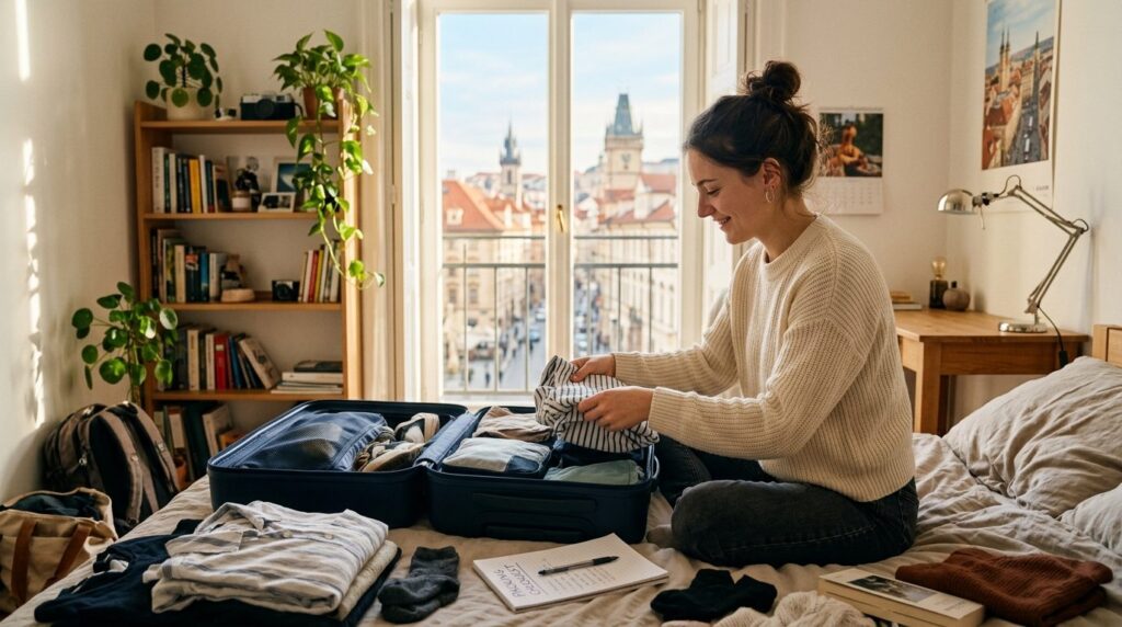 Young European student packing a suitcase in a bright bedroo