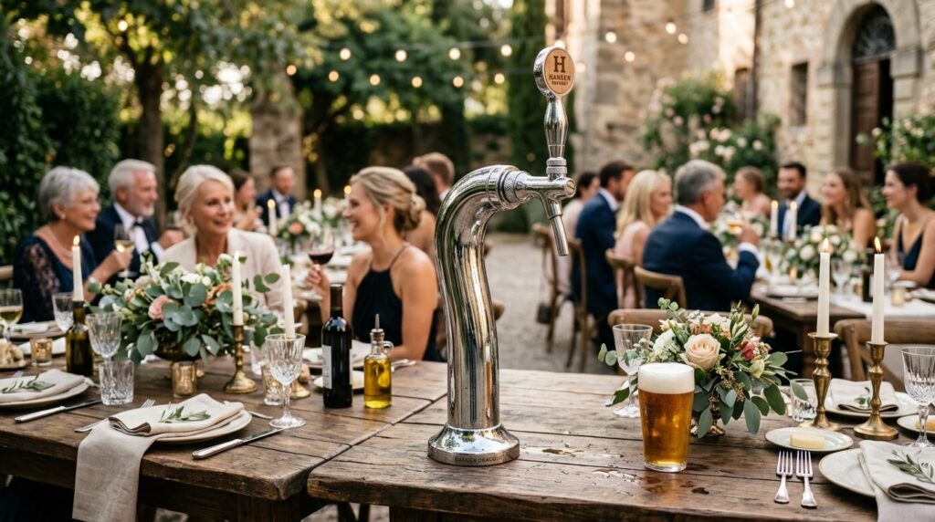 Close-up professional image of a sleek draft beer column dis
