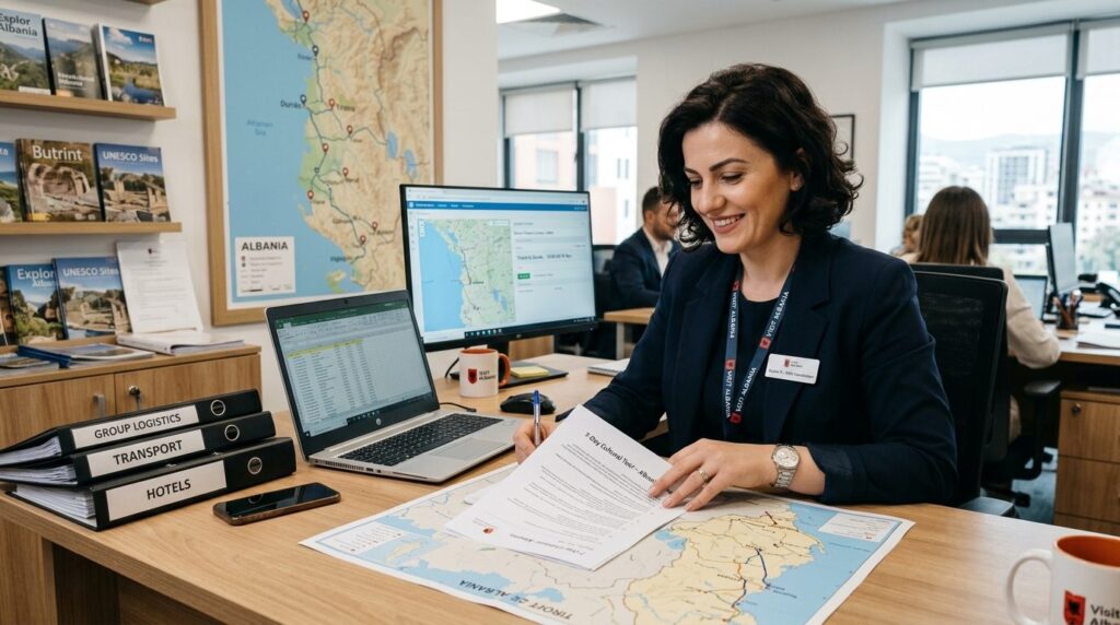 Local Albanian DMC coordinator organizing group logistics at