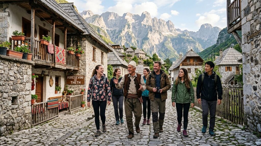 Happy international travel group exploring historical Albani