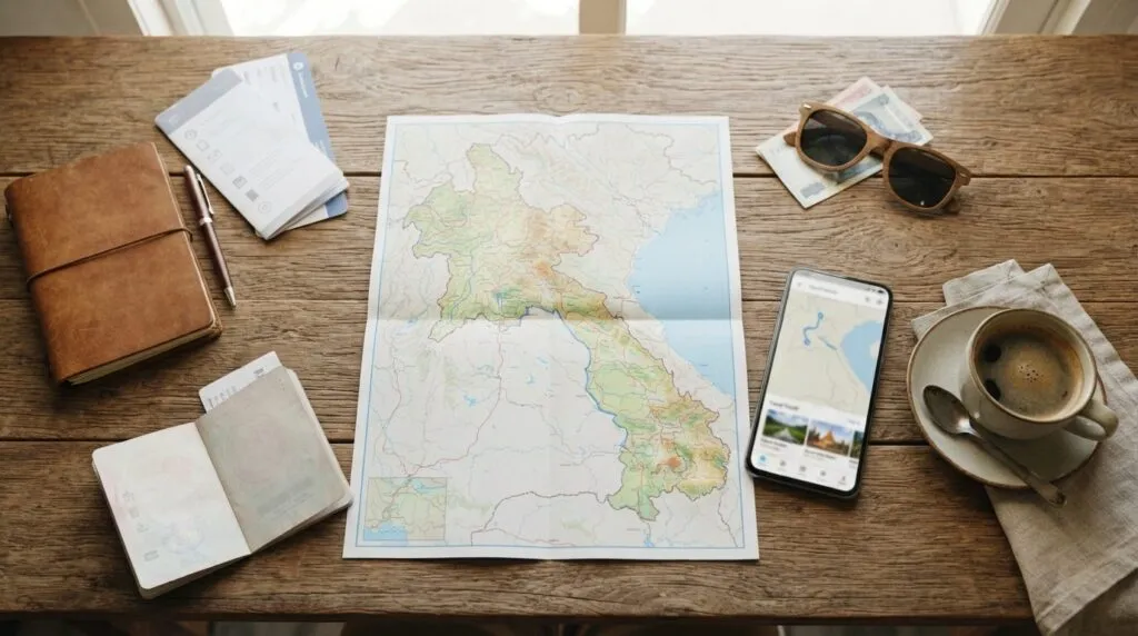 Overhead shot of a travel planning scene with a map of Laos,