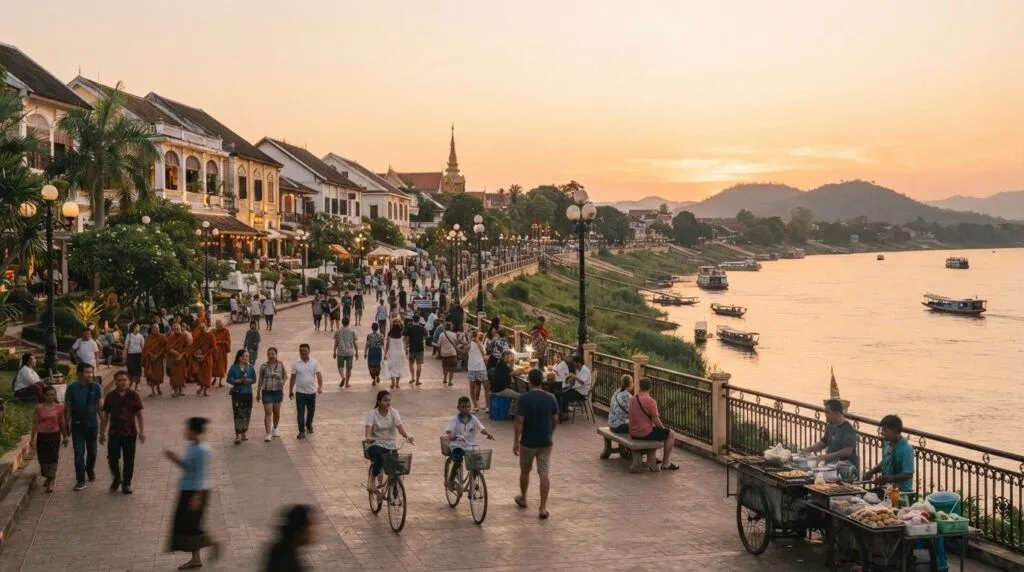 Wide establishing shot of Vientianes Mekong riverside durin
