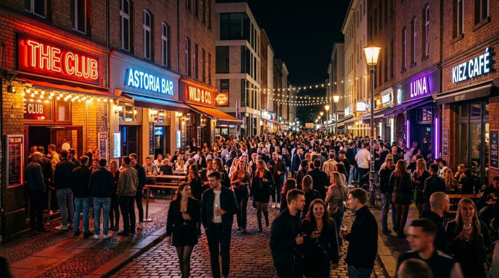 Cinematic nighttime street scene of a trendy European city d