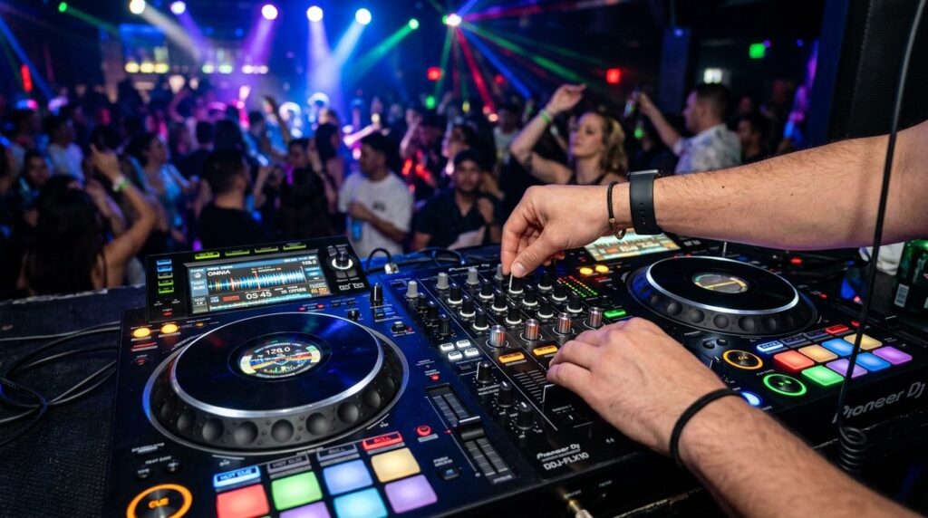 Close-up professional shot of hands on Pioneer DJ controller