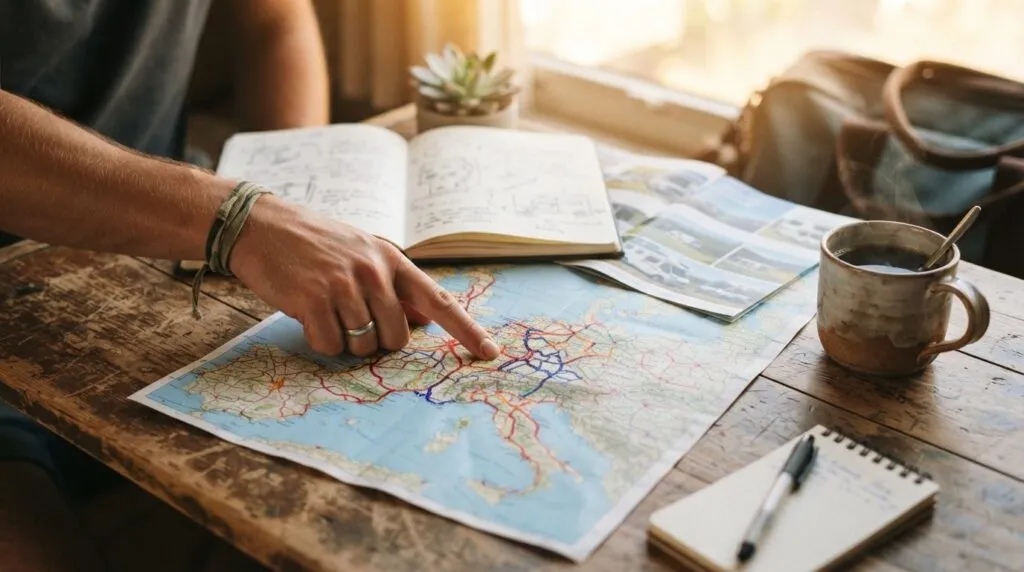 Close-up stock photo of a hand pointing at a Europe travel m
