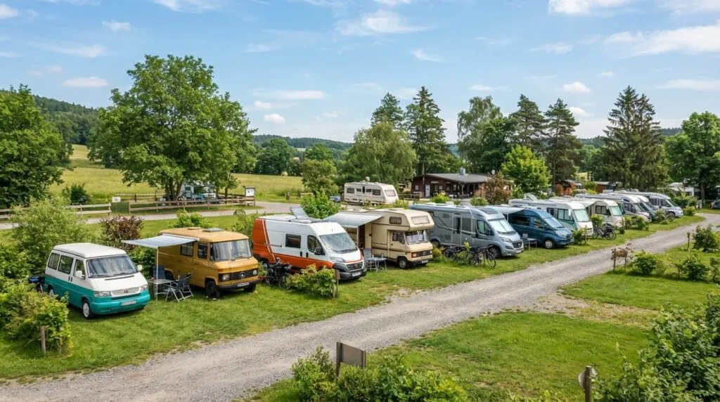 Wide shot stock photo of multiple colorful motorhomes and ca