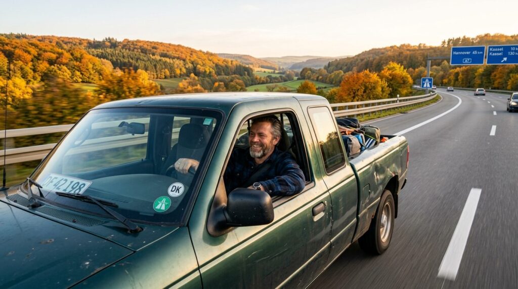 Photorealistic stock photo of a Danish man driving a used pi