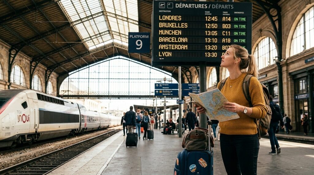 A traveler standing at a European train station platform wit