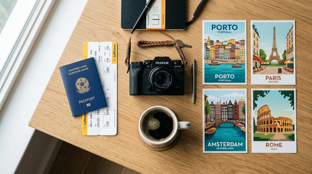 Flat lay composition of travel essentials including a passpo