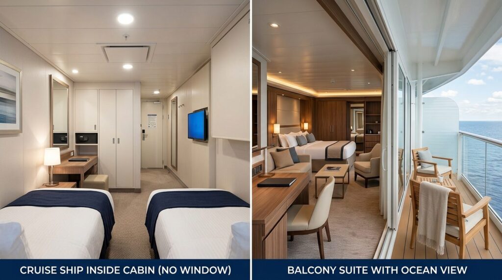 Comparison of two cruise ship cabin types side by side: left