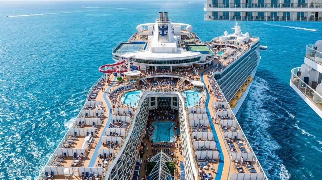 Aerial overhead view of large cruise ship deck showing vario