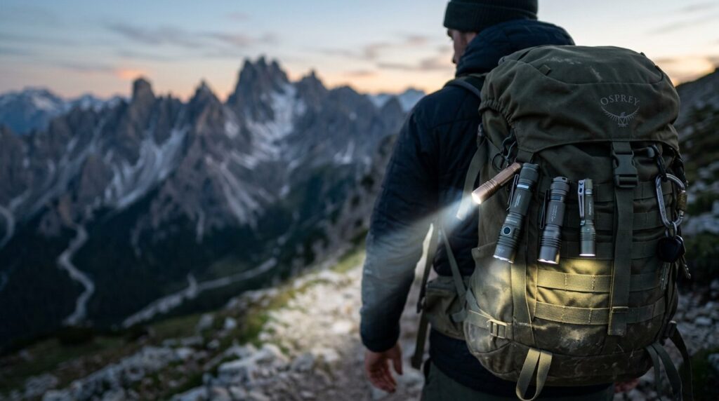 Photorealistic stock photo, 16:9 format: Close-up of a hiker