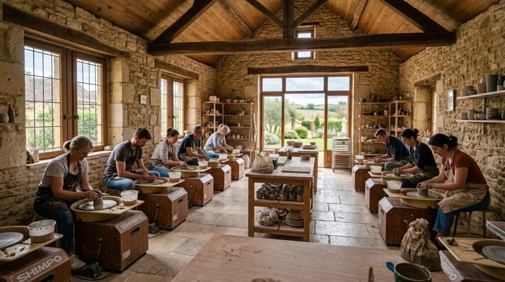Realistic wide-angle photograph of a bright pottery studio c