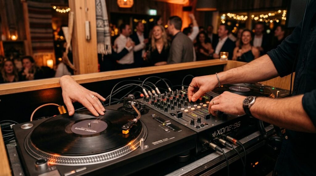 Close-up of a professional DJs hands on turntables and mixe