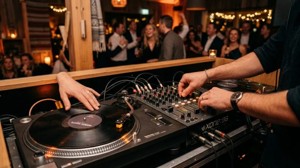 DJ's hænder opererer på drejeapparat og mixer under musikafspilning.