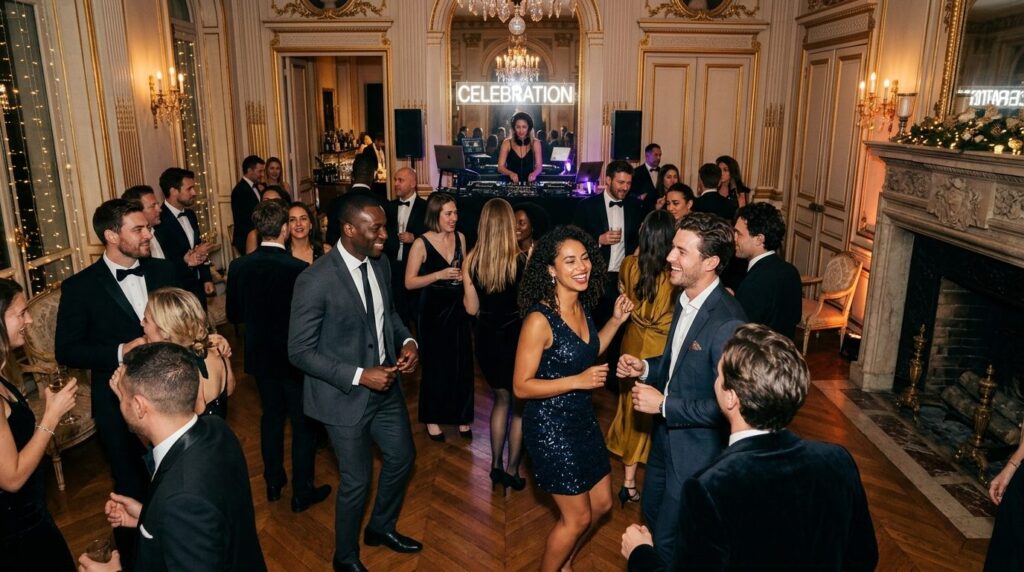 Diverse group of well-dressed guests enjoying music and danc
