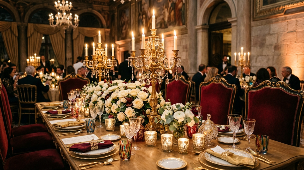 Authentic photograph of a Venetian-inspired elegant dinner t
