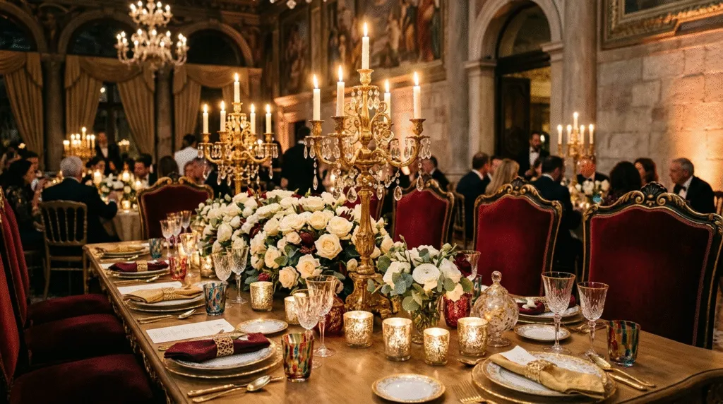 Festbord med venetiansk stil, guldkantet porcelæn, lys i kandelabere og blomsterdekorationer på draperet bord.