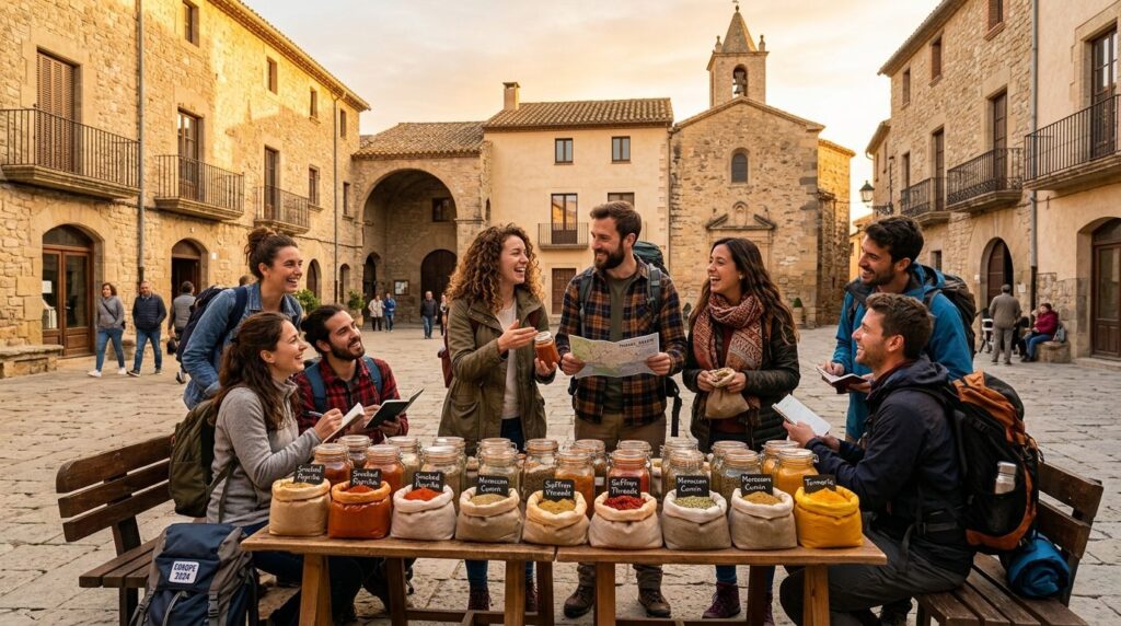 Wide-angle shot of a diverse group of European travelers gat