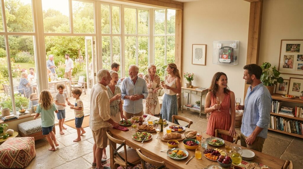 Wide-angle professional photograph of a family gathering in 
