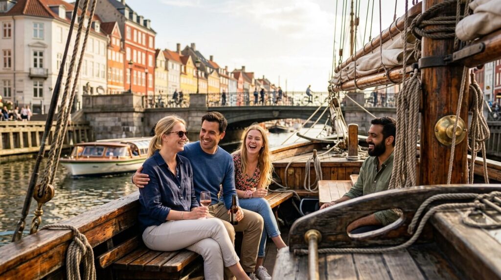 Close-up of tourists smiling and relaxing on the deck of a t