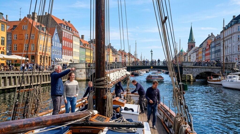 Wide angle view from the water showing iconic Copenhagen lan