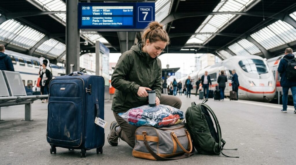 Realistic travel scene showing a young adult traveler at a t