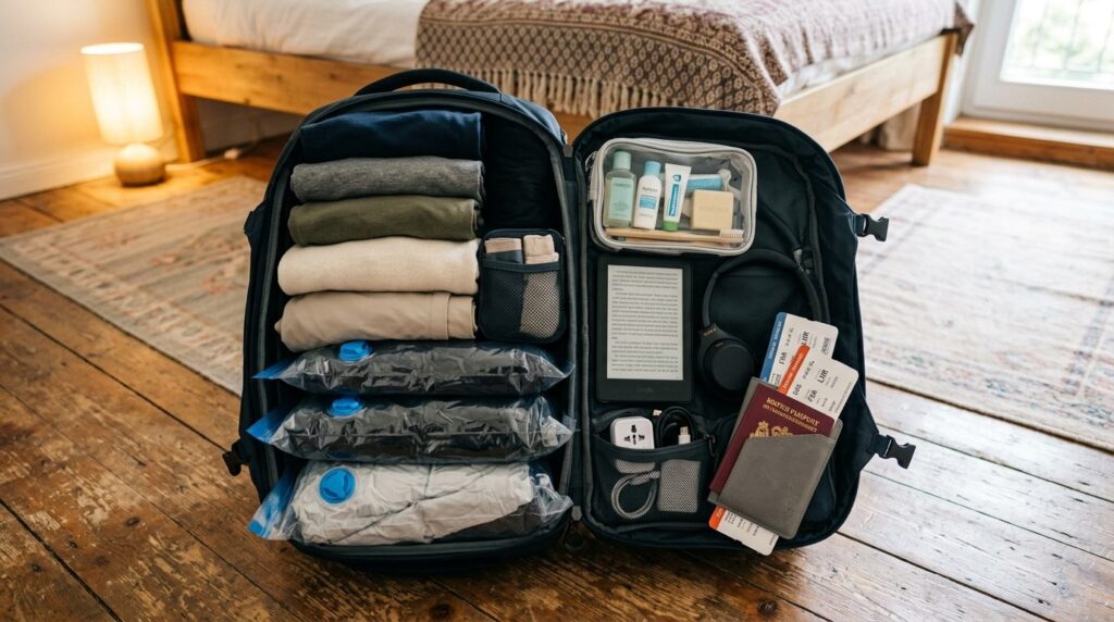 Flat lay overhead shot of efficient packing for European bac