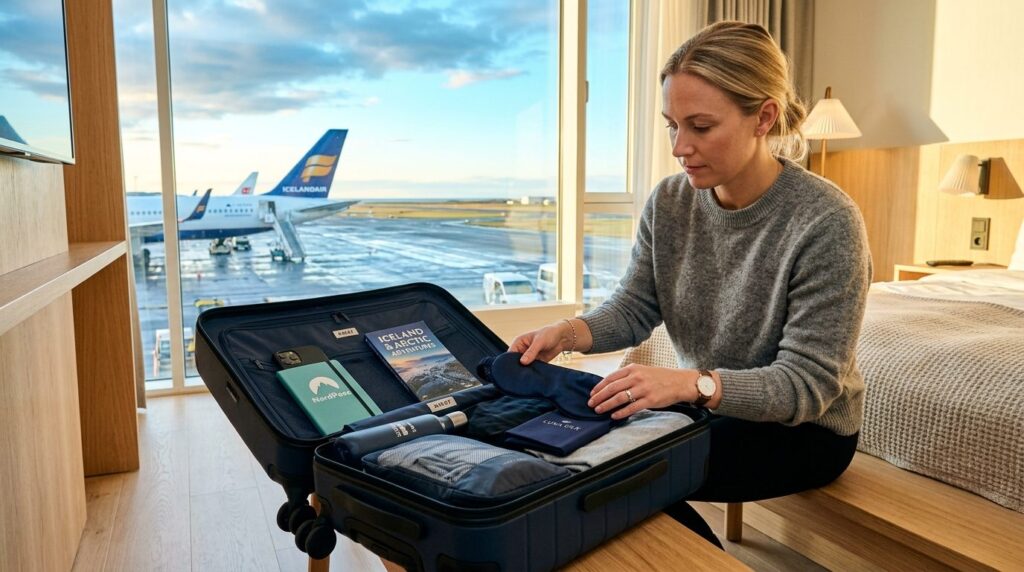 Photorealistic stock photo of a traveler packing a silk slee